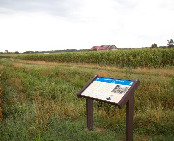 This image depicts an interpretative sign at the Slaughter Pen Farmhouse on the Fredericksburg battlefield.